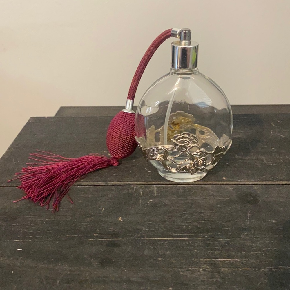 Vintage Perfume Bottle with Metal Flower Details
